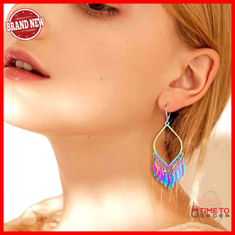 Large Statement Dangle Earrings, Stainless Steel, Lever Back, 74mm - Picture 3 of 7